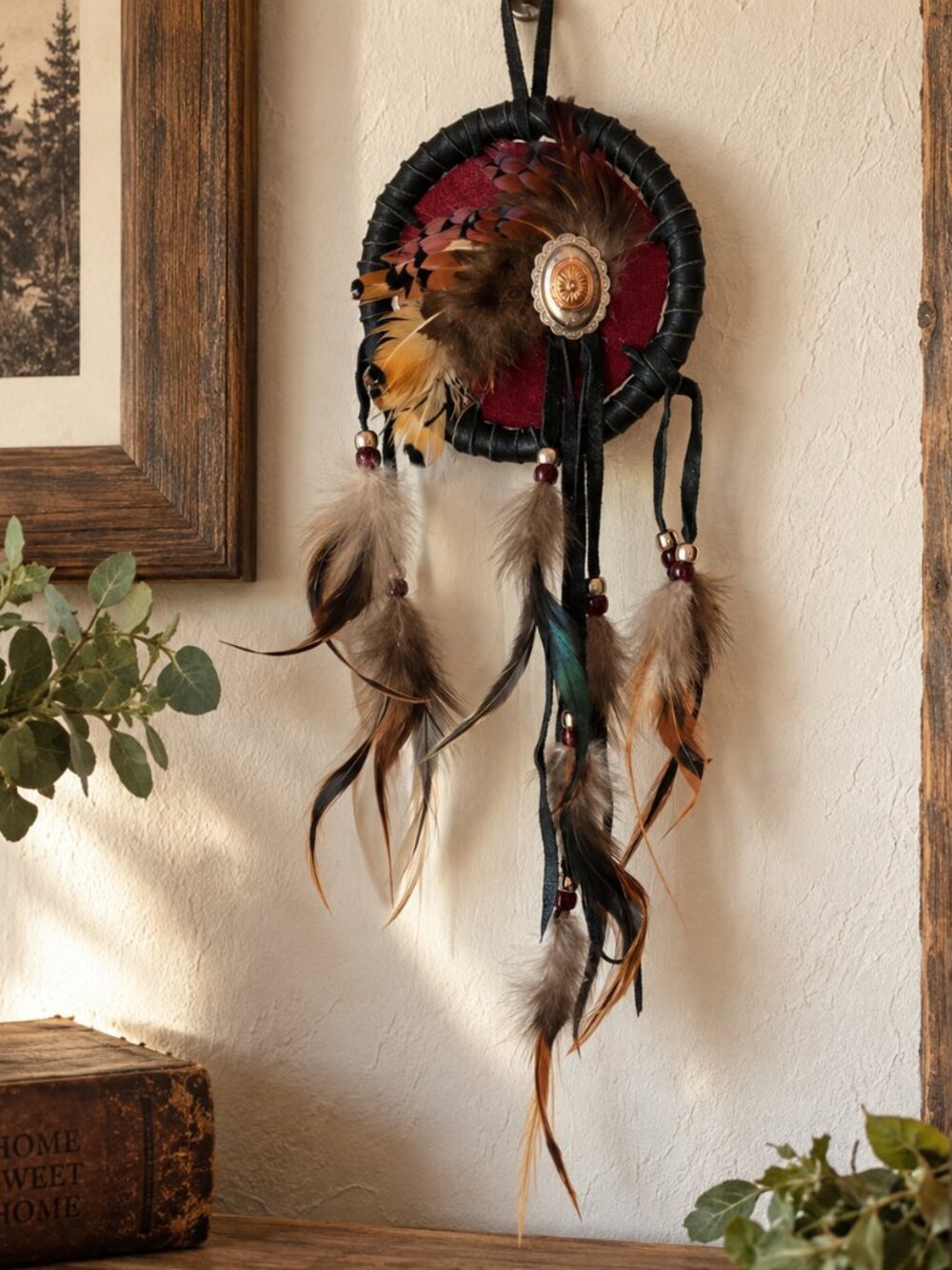 Handmade Leather Dreamcatcher Wall Hanging – Natural Feathers & Burgundy – 5"